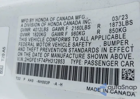 2023 Honda Civic Ex /Ex W/O Bsi z USA, uszkodzony, nr VIN 2HGFE1F74PH312853